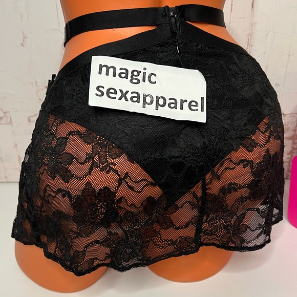 VS XS SHINE STRAP MINI SKIRT PANTY CRYSTALS RHINESTONES FLORAL LACE BLACK - Picture 2 of 2